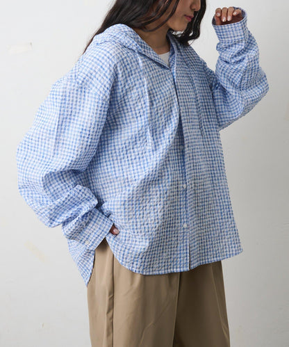 格紋泡泡紗 連帽襯衫