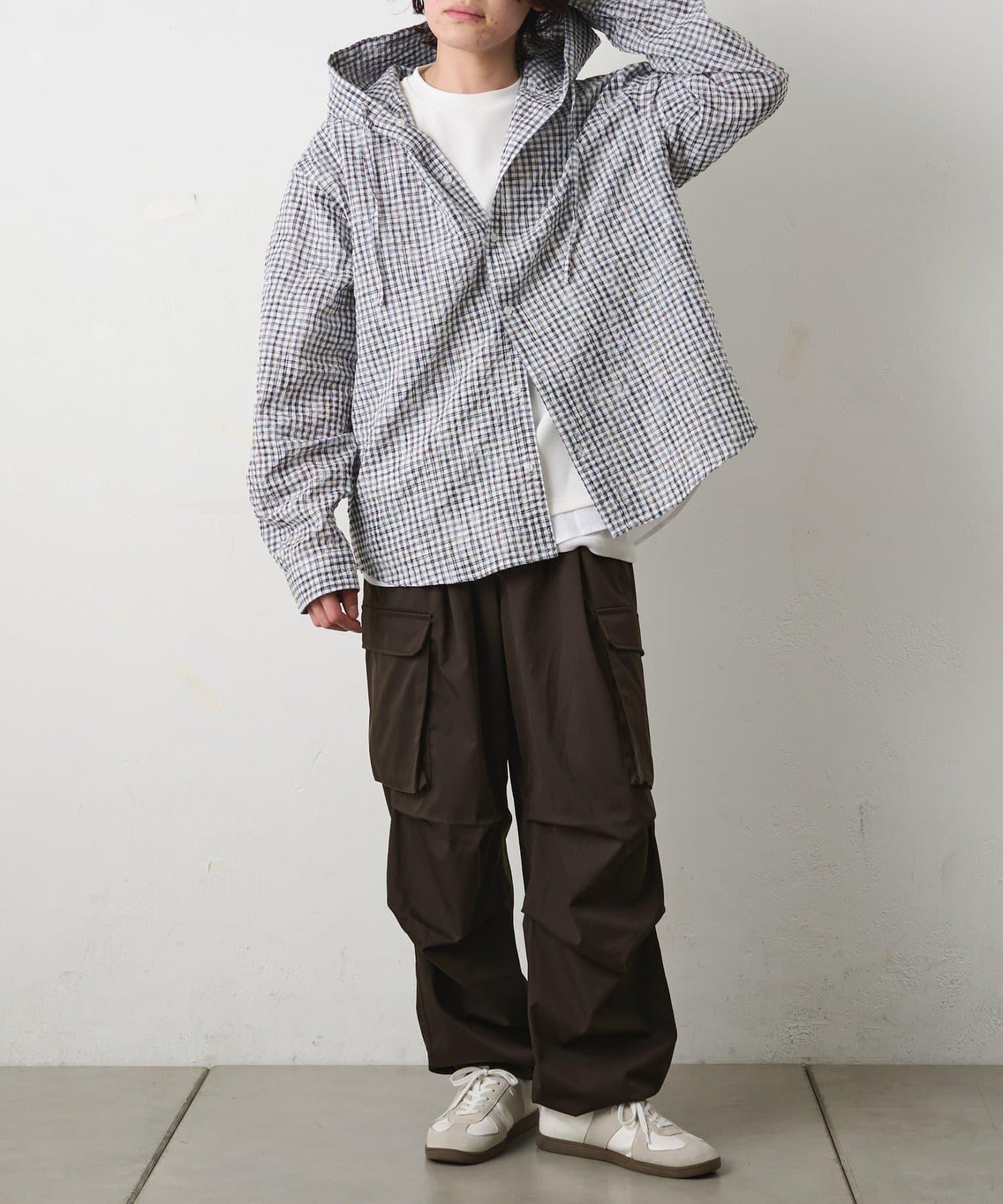 格紋泡泡紗 連帽襯衫