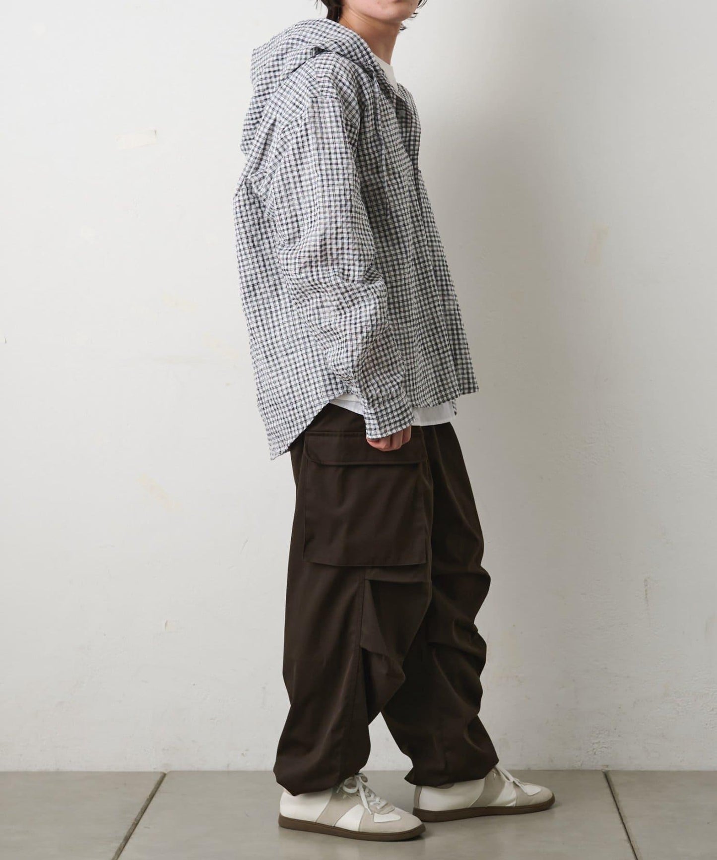 格紋泡泡紗 連帽襯衫