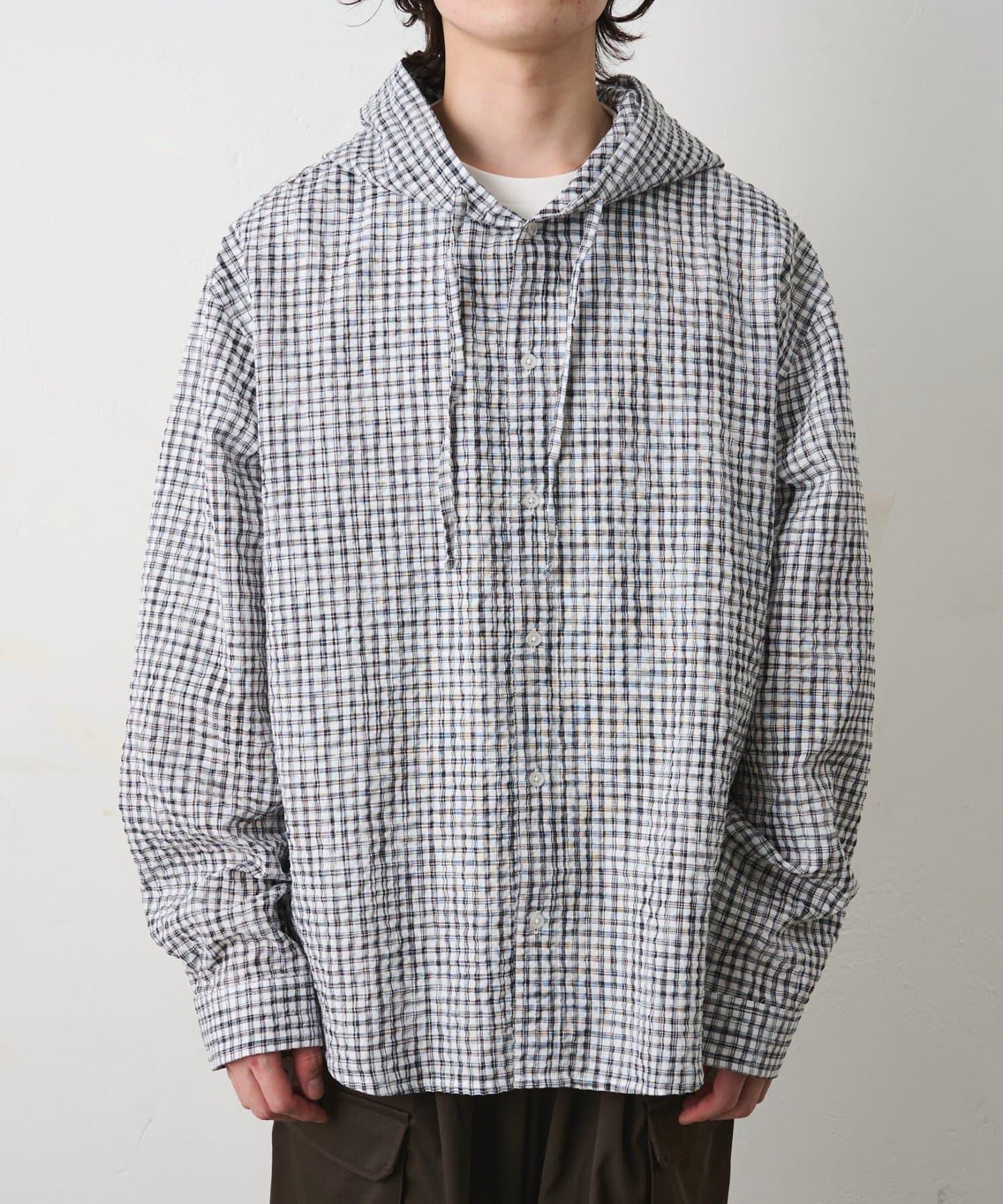 格紋泡泡紗 連帽襯衫