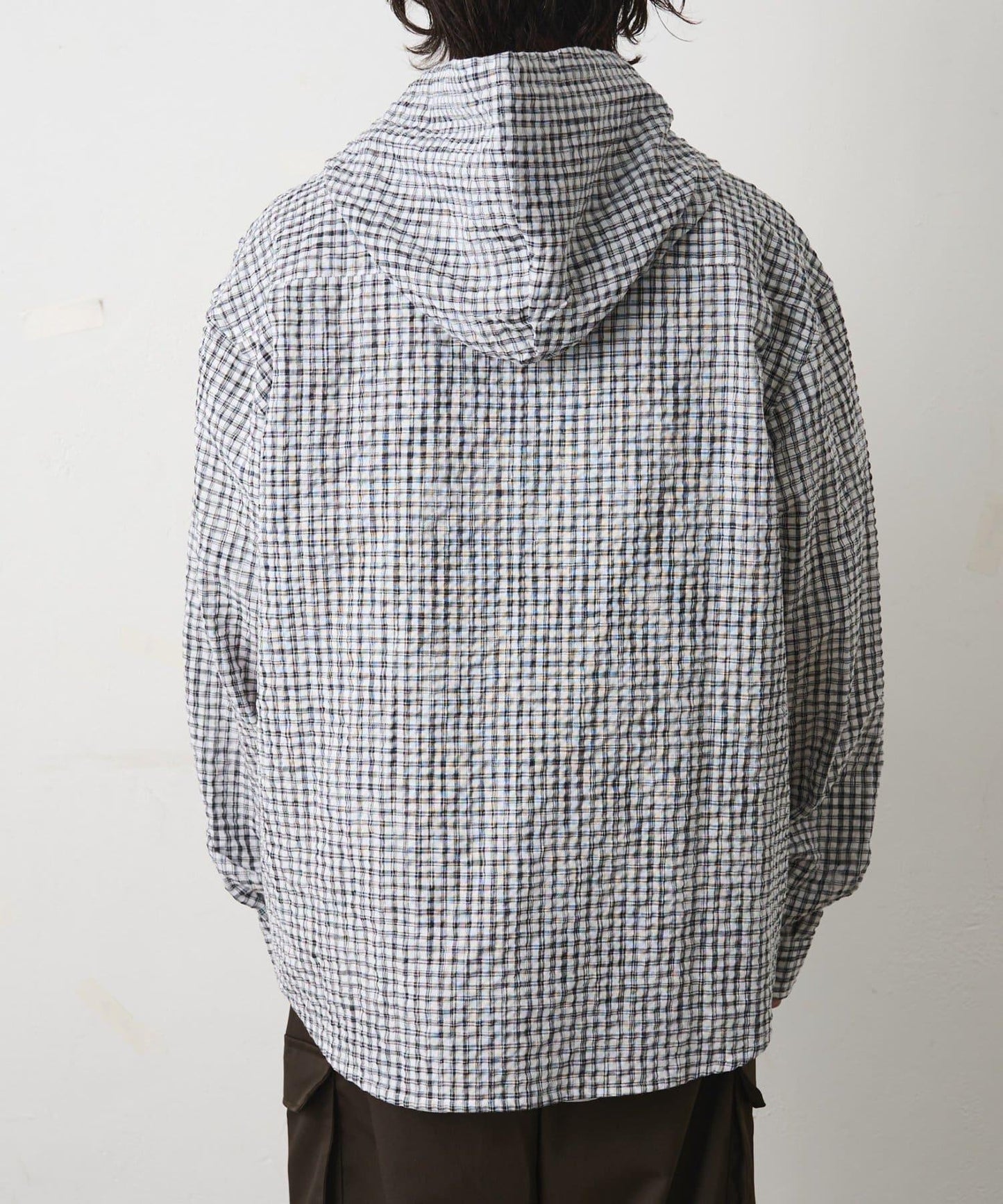 格紋泡泡紗 連帽襯衫