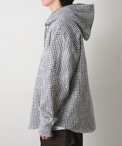 格紋泡泡紗 連帽襯衫