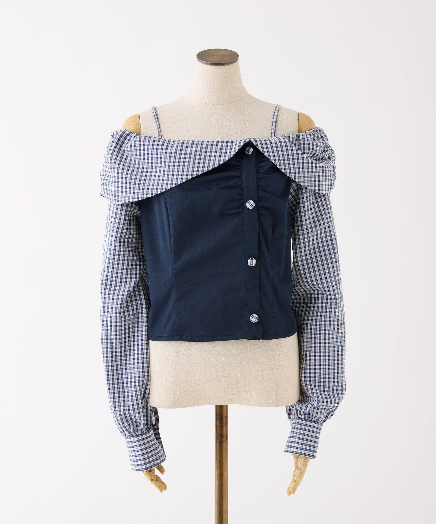 拼色後繫帶露肩上衣