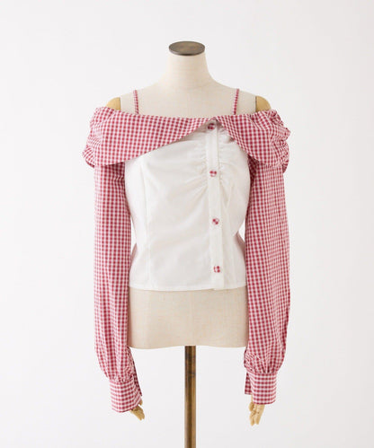 拼色後繫帶露肩上衣