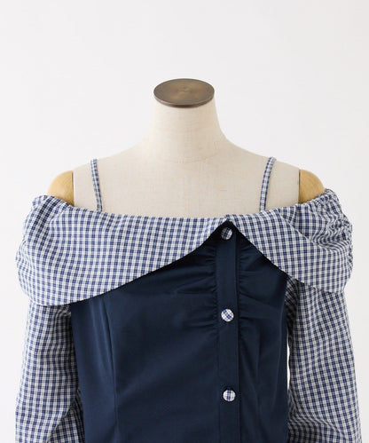 拼色後繫帶露肩上衣