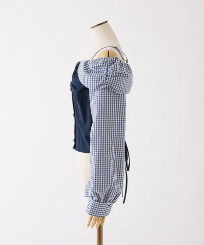 拼色後繫帶露肩上衣