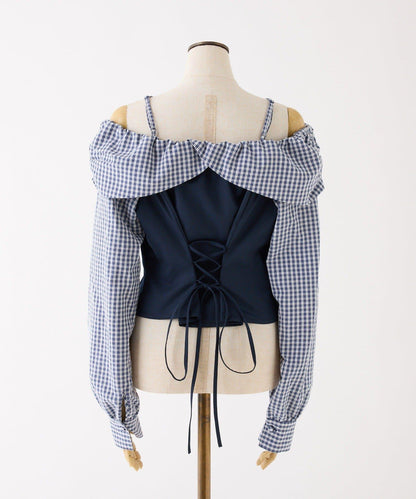 拼色後繫帶露肩上衣