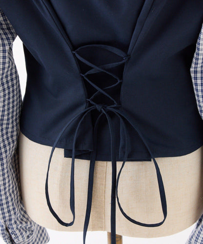 拼色後繫帶露肩上衣