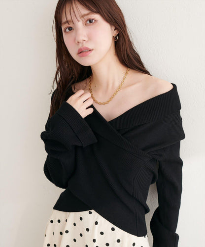 交叉領喇叭袖針織上衣