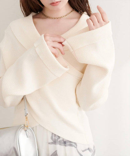 交叉領喇叭袖針織上衣