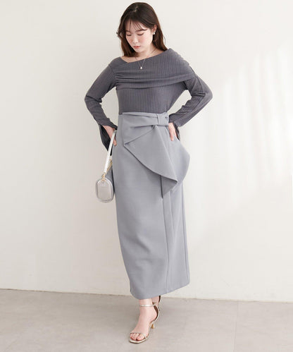 褶皺露肩喇叭袖長袖T恤