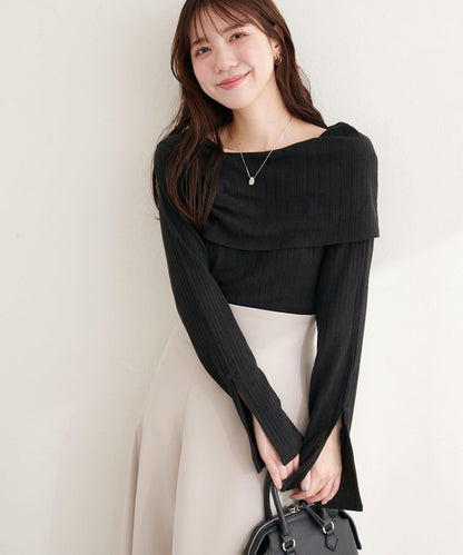 褶皺露肩喇叭袖長袖T恤