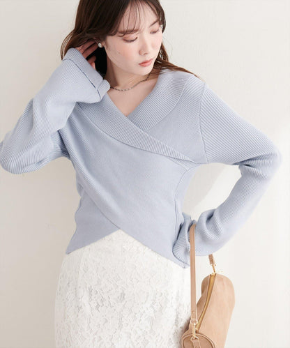 交叉領喇叭袖針織上衣