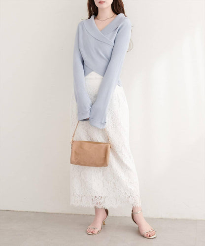 交叉領喇叭袖針織上衣