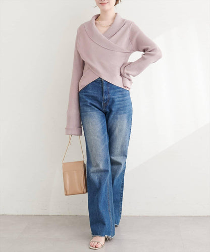 交叉領喇叭袖針織上衣