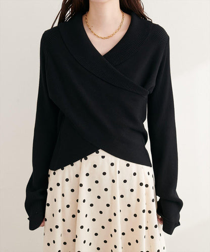 交叉領喇叭袖針織上衣