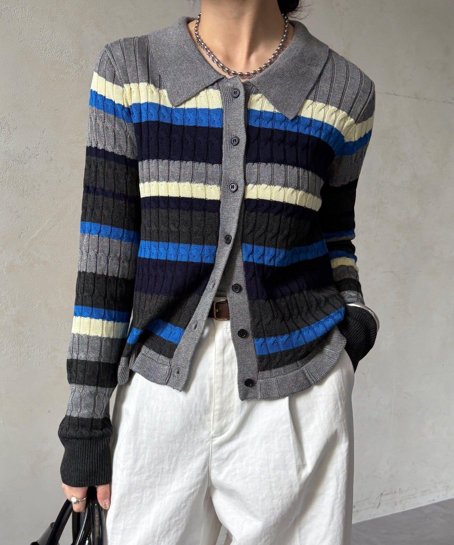 多色條紋針織Polo上衣