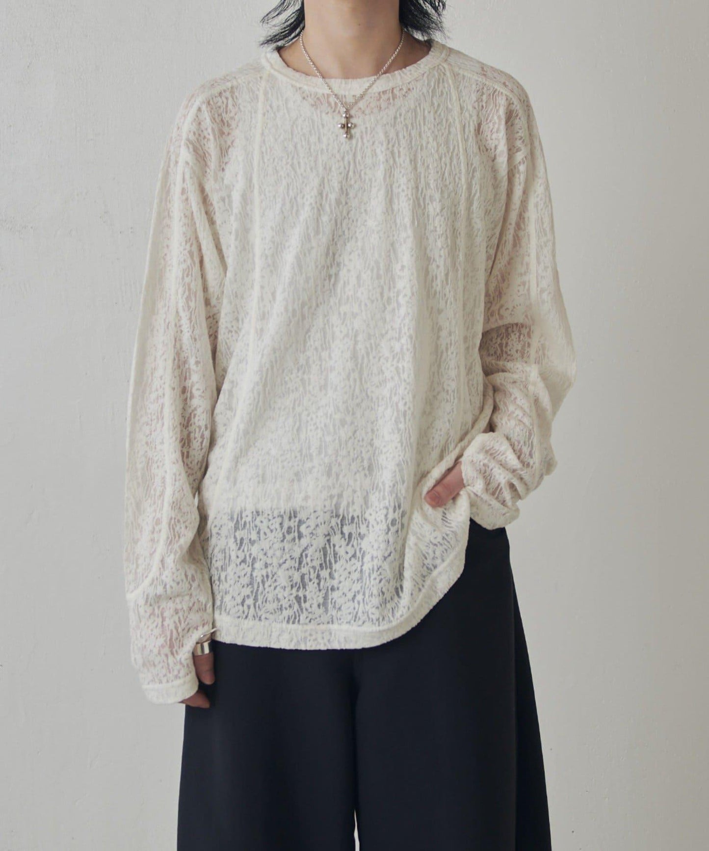 拼接透紗套頭上衣