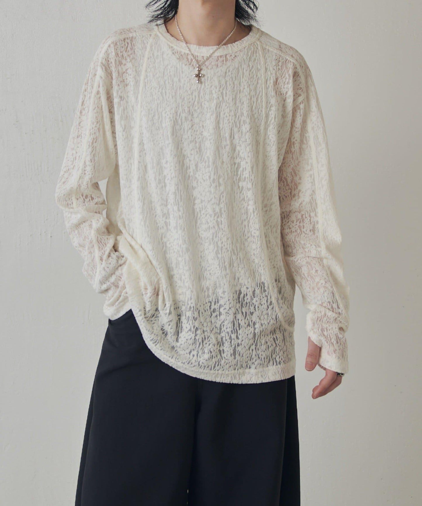 拼接透紗套頭上衣