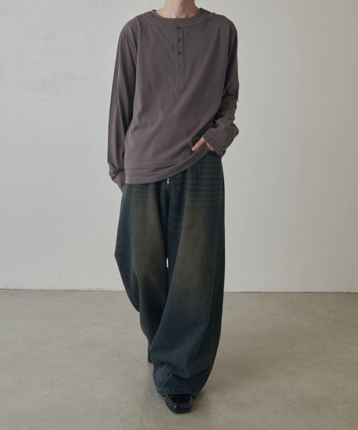 疊搭亨利領長袖T恤