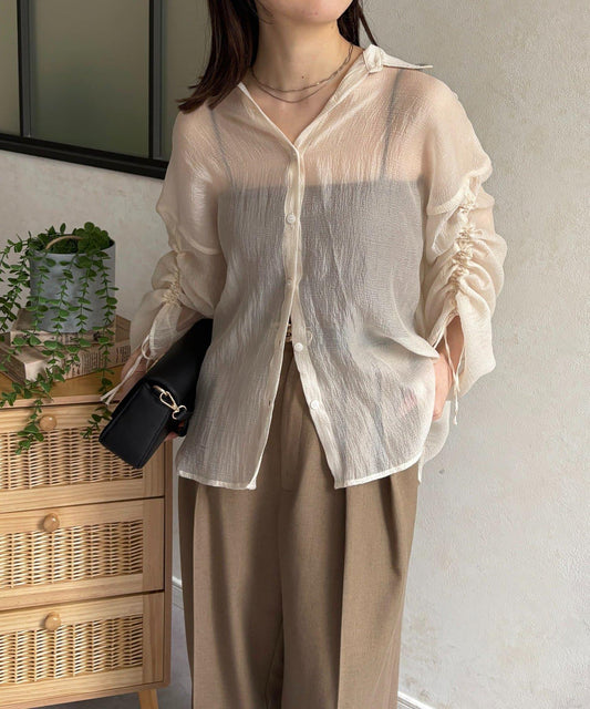 亮片皺感 袖抽褶 透紗襯衫