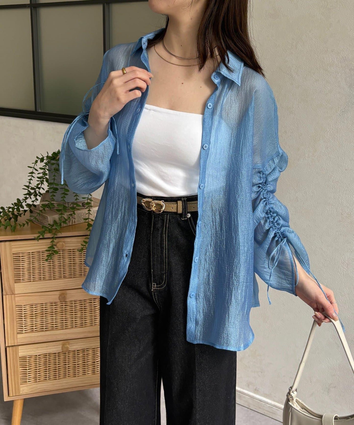 亮片皺感 袖抽褶 透紗襯衫