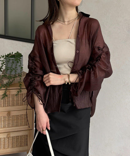 亮片皺感 袖抽褶 透紗襯衫