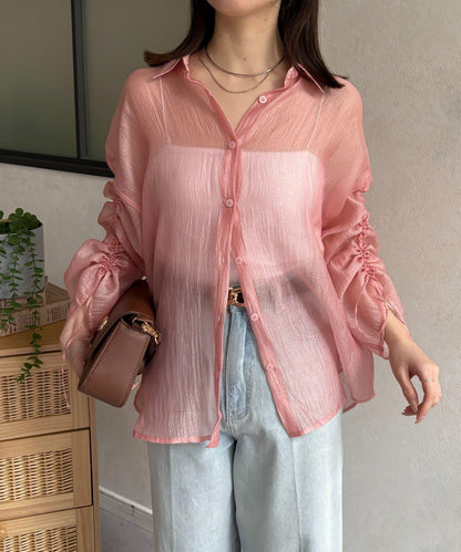 亮片皺感 袖抽褶 透紗襯衫
