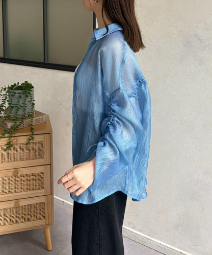 亮片皺感 袖抽褶 透紗襯衫