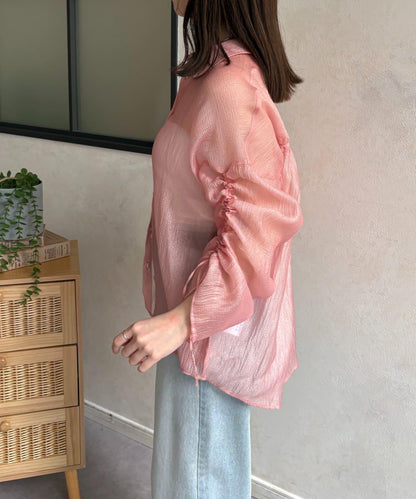 亮片皺感 袖抽褶 透紗襯衫