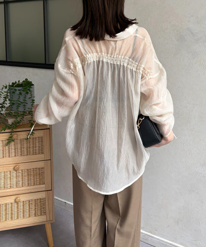 亮片皺感 袖抽褶 透紗襯衫