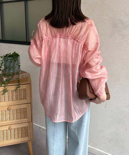 亮片皺感 袖抽褶 透紗襯衫