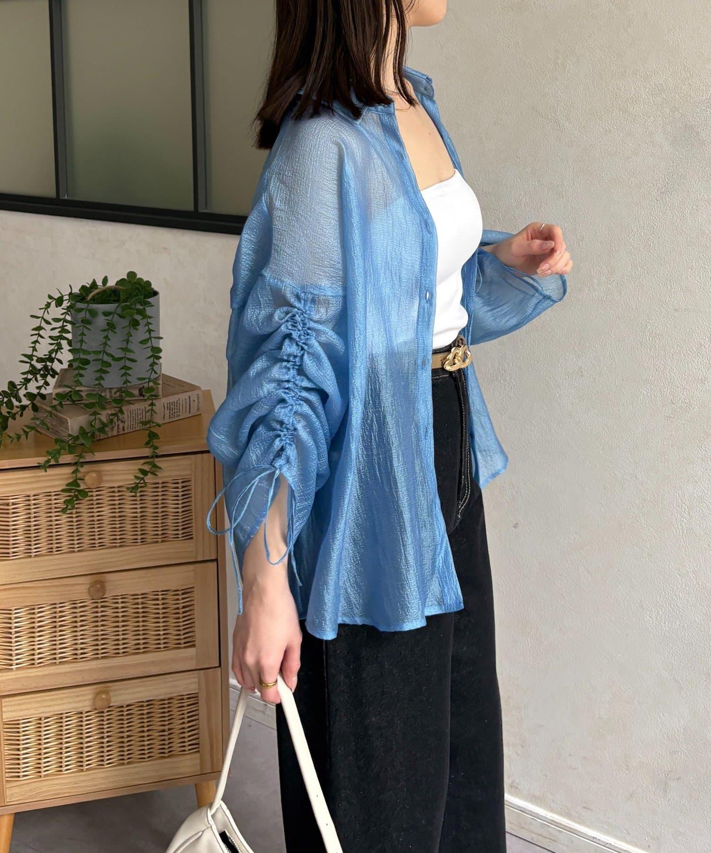 亮片皺感 袖抽褶 透紗襯衫