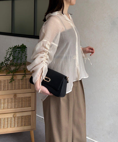 亮片皺感 袖抽褶 透紗襯衫