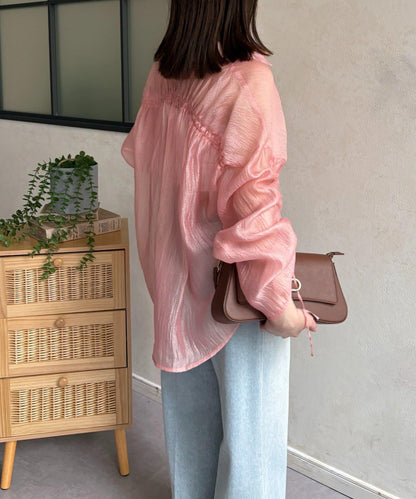 亮片皺感 袖抽褶 透紗襯衫