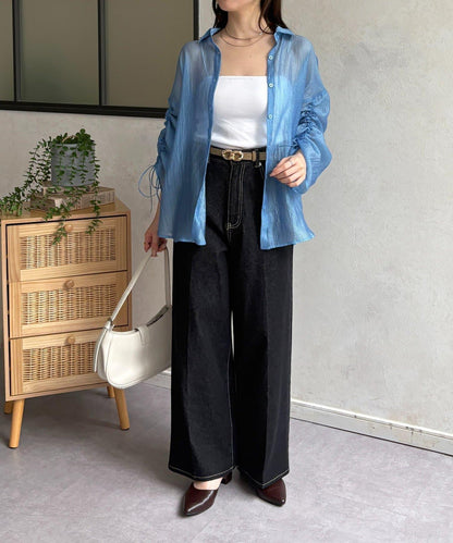 亮片皺感 袖抽褶 透紗襯衫