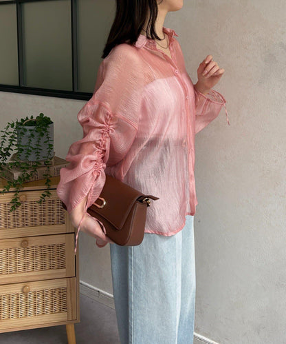 亮片皺感 袖抽褶 透紗襯衫