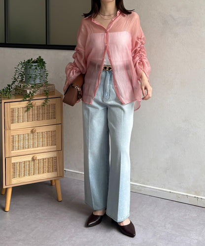 亮片皺感 袖抽褶 透紗襯衫