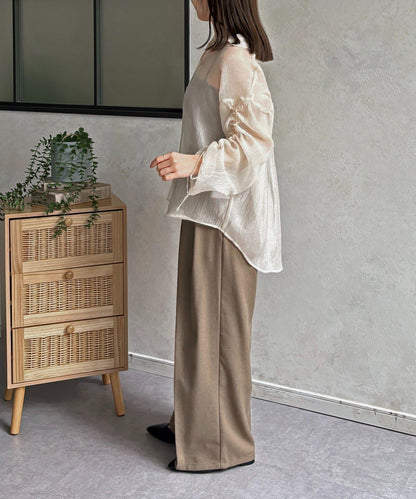 亮片皺感 袖抽褶 透紗襯衫