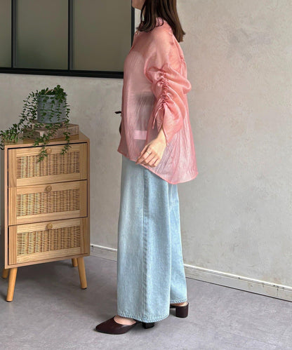 亮片皺感 袖抽褶 透紗襯衫