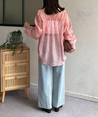 亮片皺感 袖抽褶 透紗襯衫