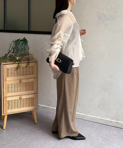 亮片皺感 袖抽褶 透紗襯衫