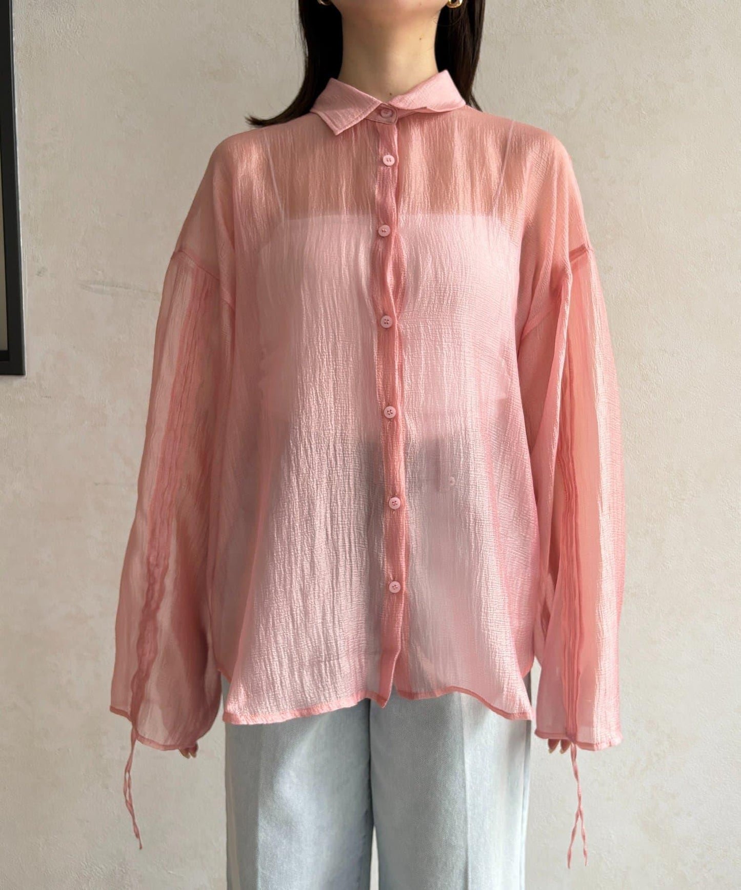 亮片皺感 袖抽褶 透紗襯衫