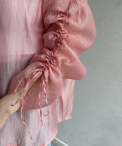 亮片皺感 袖抽褶 透紗襯衫