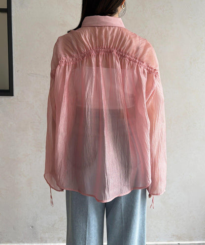 亮片皺感 袖抽褶 透紗襯衫