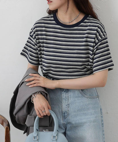多色條紋短款T恤