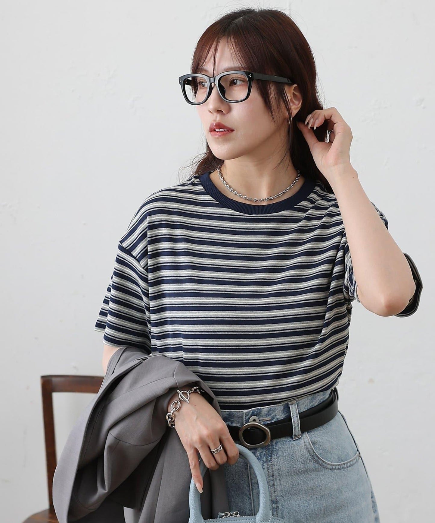 多色條紋短款T恤