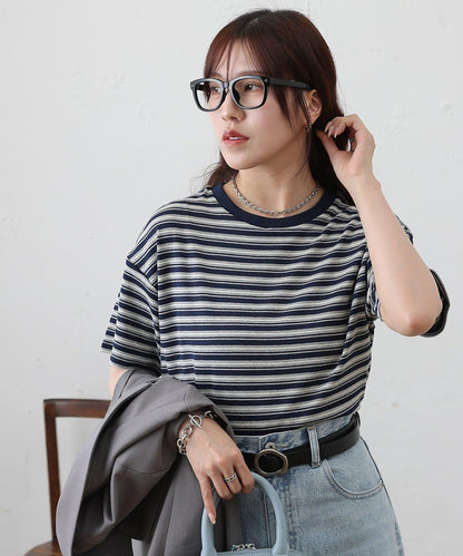 多色條紋短款T恤