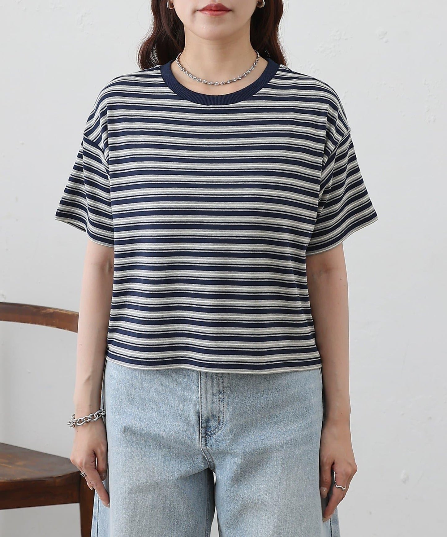 多色條紋短款T恤