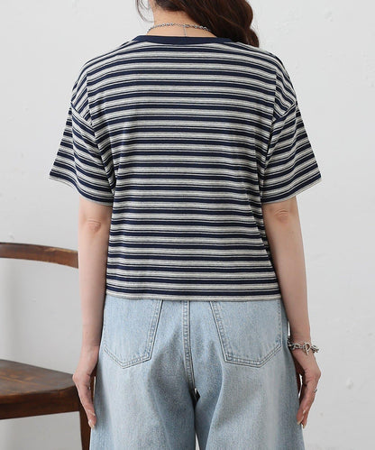 多色條紋短款T恤